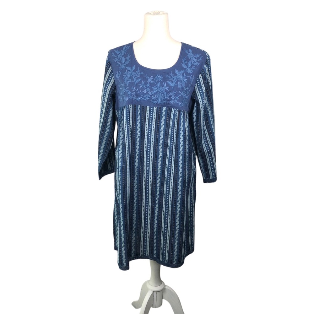 April Cornell Blue Striped Embroidered Tunic Dress